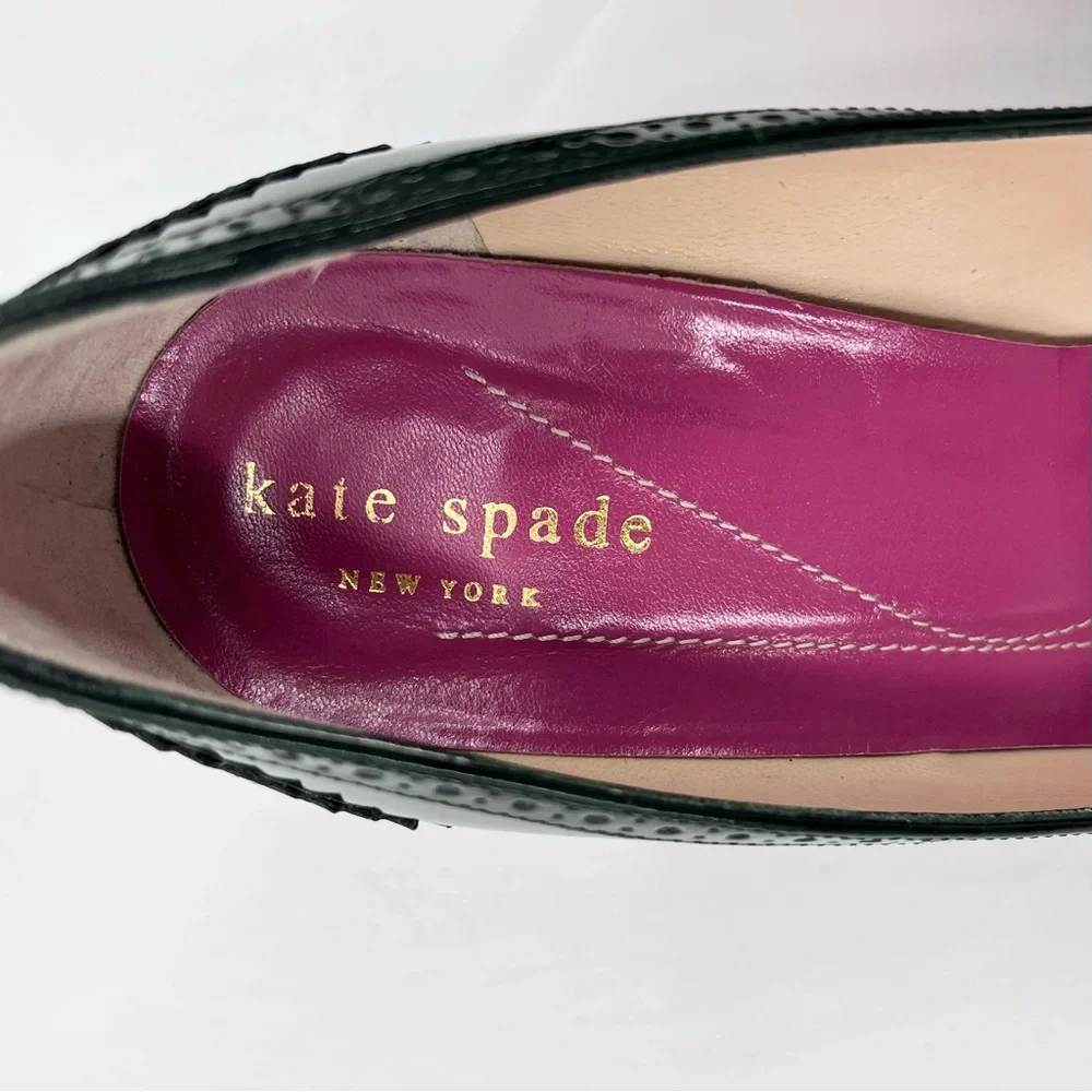 Kate Spade Rich Green Patent Leather Brogue Round Toe High Heels Size 7